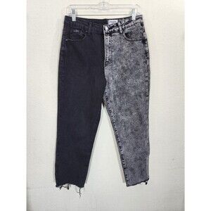 Insane Gene Jeans Two Tone Split Leg Black Acid Wash High Rise Mom Raw Hem 9/28